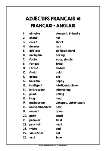 FRENCH ADJECTIVES LIST FREEBIE #1 | Teaching Resources