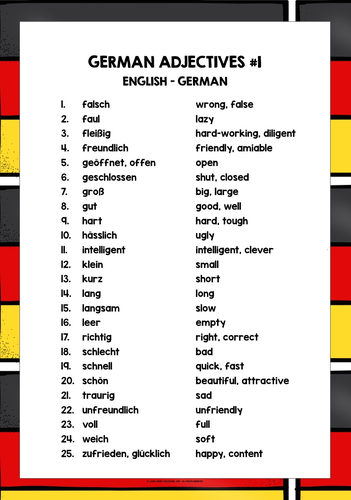 GERMAN ADJECTIVES LIST FREEBIE #1 | Teaching Resources