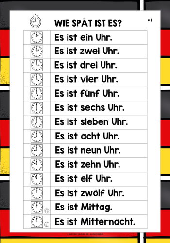 GERMAN TELLING THE TIME O'CLOCK LIST FREEBIE | Teaching Resources