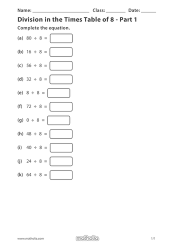 Division in the Times Table of 8 - Part 1 | Teaching Resources