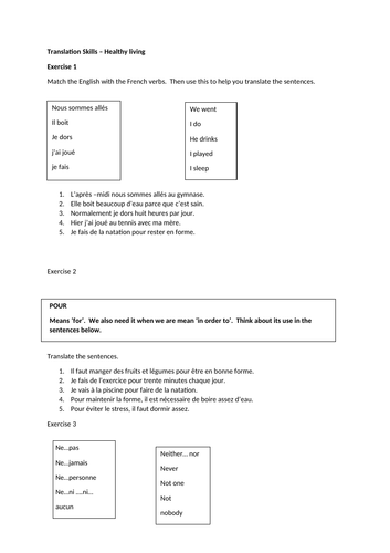 Healthy Living - GCSE French translation skills