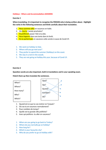 Holidays, where and accommodation: GCSE French Translation skills