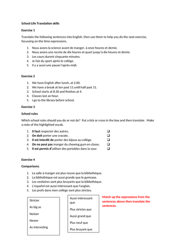 School life: GCSE French translation skills