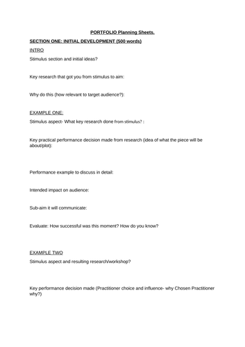 Edexcel A level drama and theatre Component 1: Portfolio planning sheet.