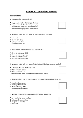 Aerobic and Anaerobic Questions for GCSE PE