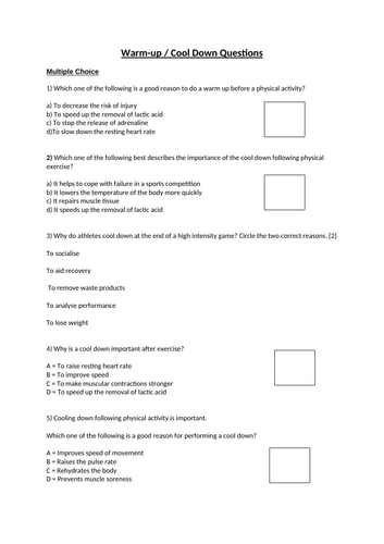 Warm-up and Cool down Questions for GCSE PE