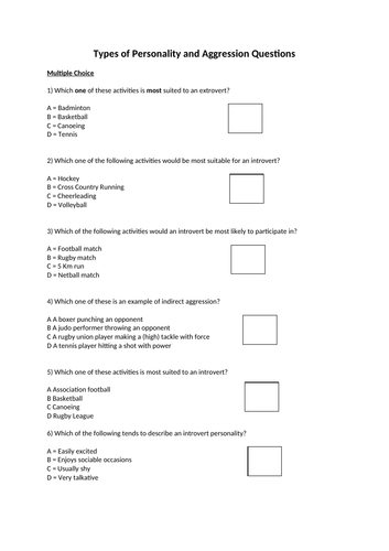 Types of Personality, Aggression and Motivation Questions for GCSE PE ...