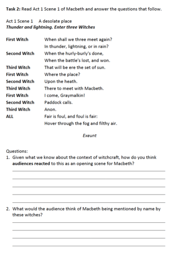 Home Learning - Shakespeare Context- Intro to Macbeth | Teaching Resources