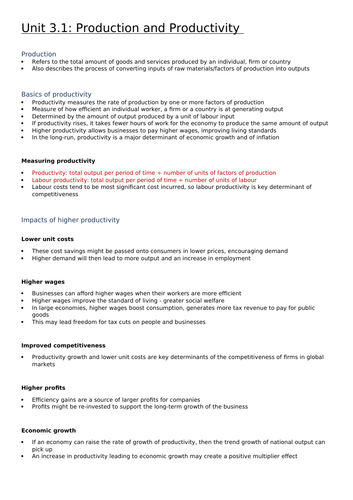 A-level Economics: Production and Productivity