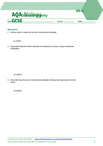 AQA B6.6 Uses of monoclonal antibodies (SEPERATE) | Teaching Resources