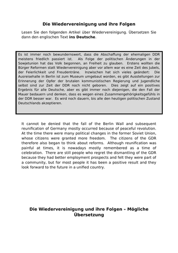 Die Wiedervereinigung und ihre Folgen - translation into German for AQA A Level