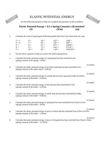 Elastic Potential Energy Calculation Worksheet with Answers - GCSE