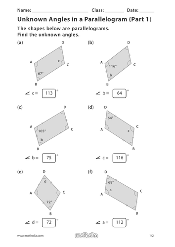 Unknown Angles in a Parallelogram (Part 1) | Teaching Resources