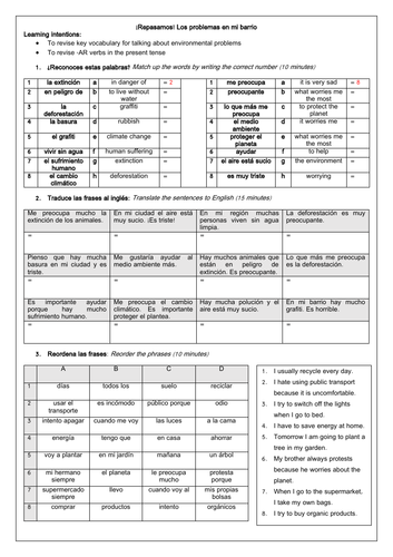 Spanish KS3 GCSE El Medio Ambiente:  Environment Problems & Solutions Vocabulary & Translation