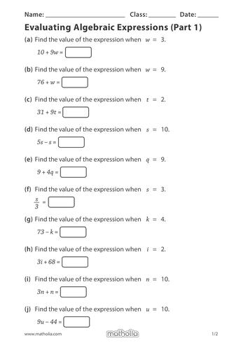 evaluating algebraic expressions part 1 teaching resources