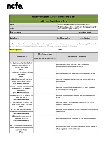NCFE L2 Sport Introduction to Healthy Exercise and Nutrition Unit Pack ...