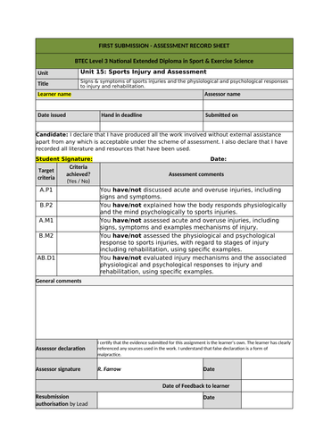 BTEC Sports and Exercise Science Unit 15 Sports Injury and Assessment ...