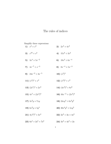 The rules of indices worksheet (with solutions) | Teaching Resources