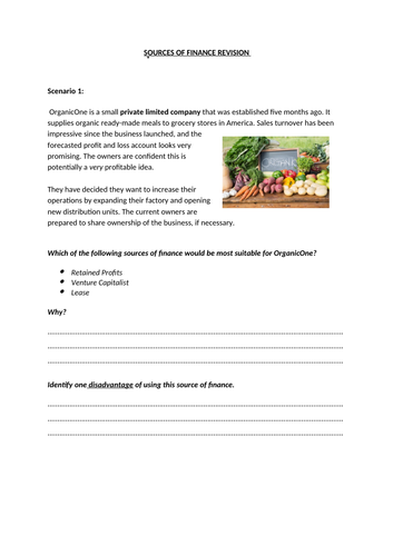 Sources of Finance Worksheet | Teaching Resources