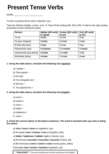 spanish present tense revision ks3 teaching resources