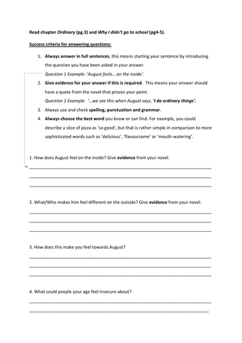 wonder worksheet on cover and first chapter teaching resources