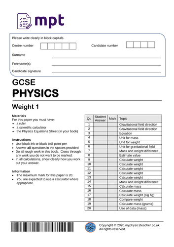 Weight mass gravity w mg multiple choice quiz questions and 