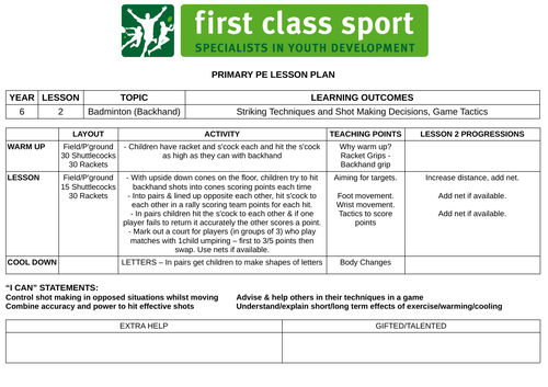 KS2 PE Plans - Year 6 - Badminton x 3 Plans (Forehand, Backhand ...