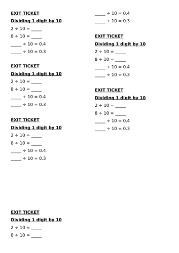 Exit Ticket - Decimals - Year 4