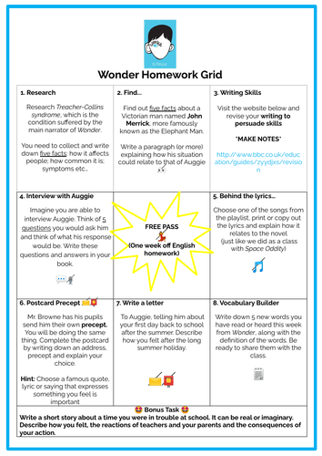 wonder homework tasks