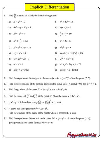 Implicit Differentiation Worksheet + Answers | Teaching Resources