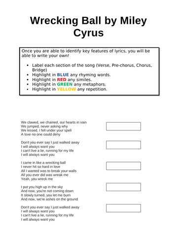 Lyric Analysis For Songwriting Teaching Resources