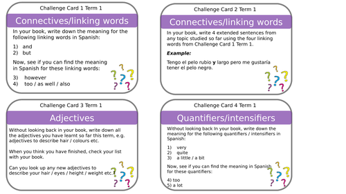 Year 7 Spanish Challenge Cards Teaching Resources