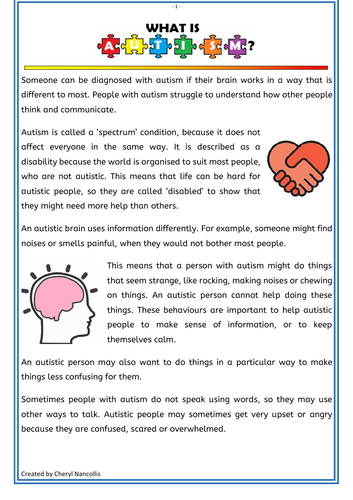 What Is Autism Comprehension Activity Teaching Resources