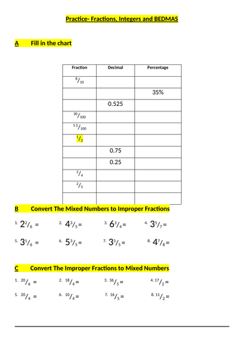 Review / Diagnostic (Mixed /Improper Fractions, Integers (+-Xdivide