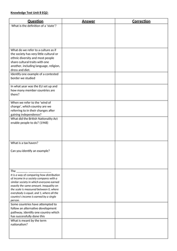 A-Level Edexcel Geography - Knowledge Tests Unit 8b | Teaching Resources