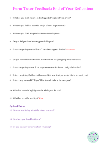 Form Tutor Review - Feedback Form - End of Year Reflection Survey ...