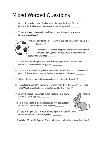 Mixed worded problems teaching resources