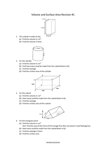 Volume & Surface Area Revision | Teaching Resources