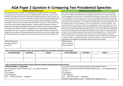 AQA Paper 2 Question 4 comparing presidential speeches | Teaching Resources