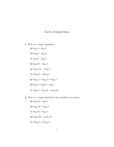 Laws of logarithms worksheet (with solutions) | Teaching Resources