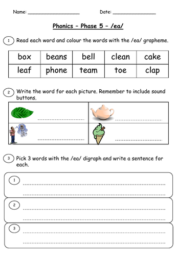 phase 5 worksheets for ay ea ou ie ue letters and sounds teaching resources