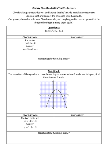 Clumsy Clive's Quadratics Tests 1 & 2 | Teaching Resources