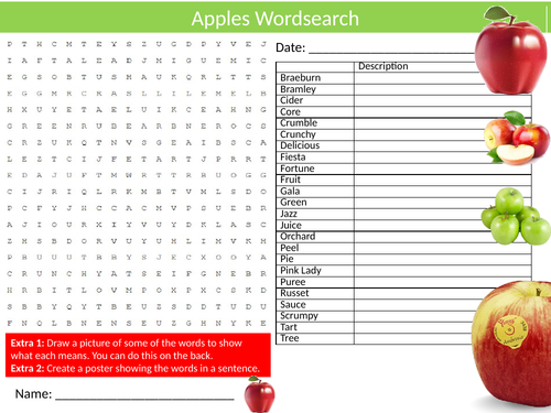 3 x Apples Wordsearch Sheet Starter Activity Keywords Cover Homework ...