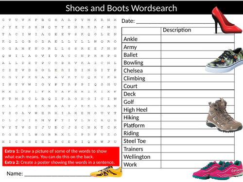 Shoes & Boots Wordsearch Starter Settler Activity Homework Cover Lesson ...
