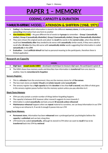 AQA A level Psychology Memory Revision Guide