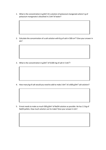 Concentration Calculations Slides And Worksheet (gcse Chemistry Aqa 