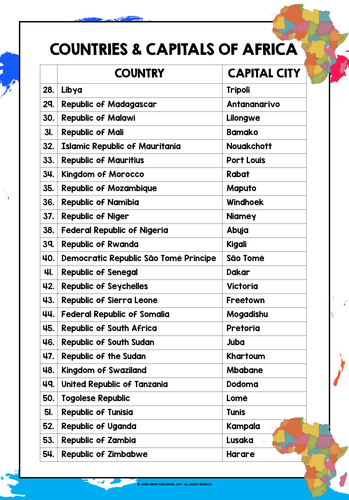 54 countries of africa and their capital cities