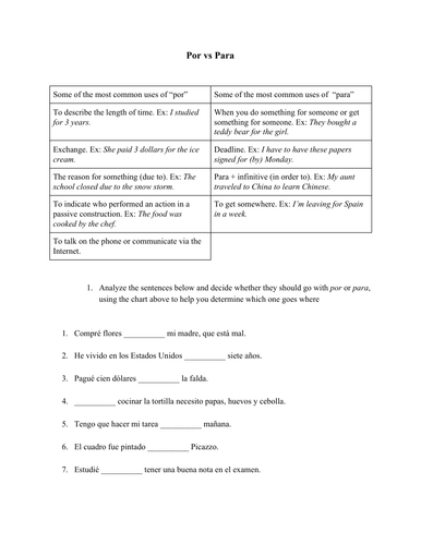 Spanish por y para no prep worksheet | Teaching Resources