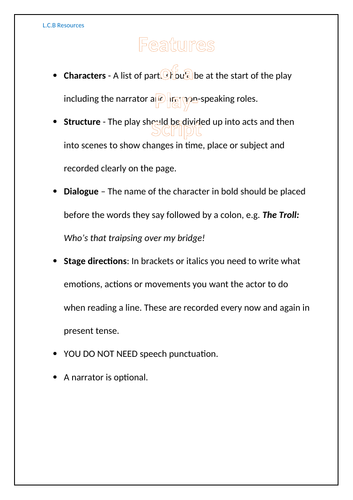 Features of a play script and modelled example - linked to fairy tales.