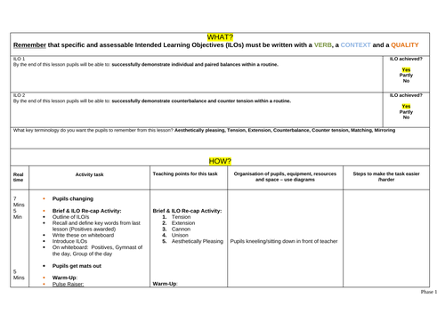 Year 7 Gymnastics Individual and Pair Balance Lesson Plan